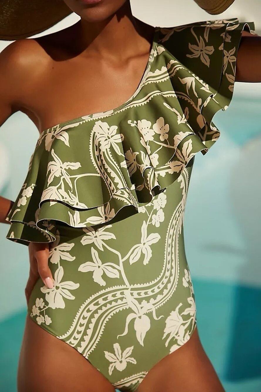 Encantadore Green Floral Print One Shoulder Ruffle Abigail Swimsuit S